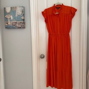 Orange Ruffle Sleeve Midi Dress